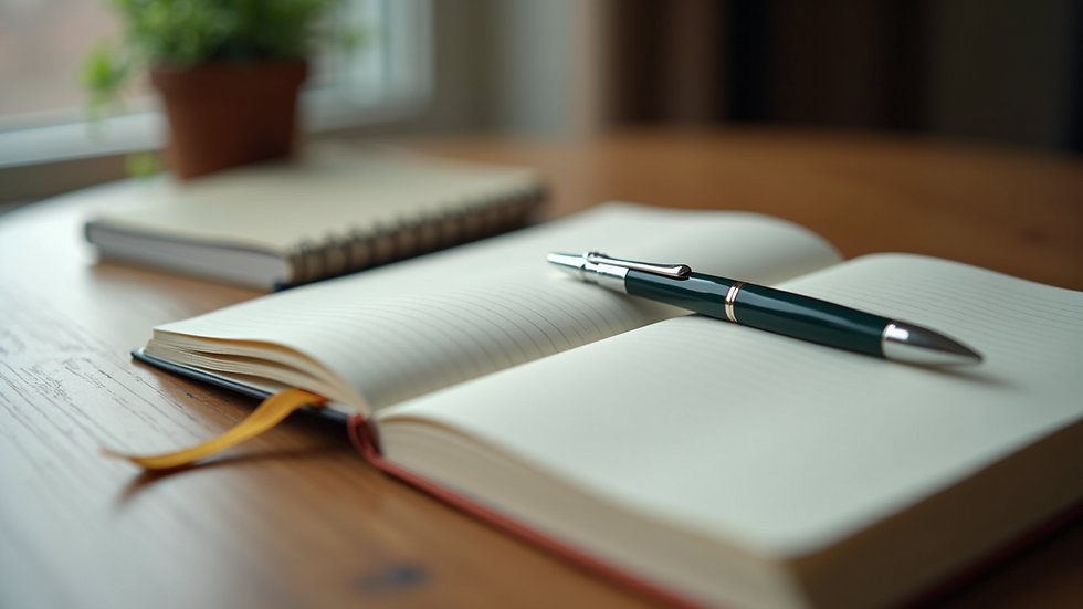 Close-up view of a journal and pen on a wooden table