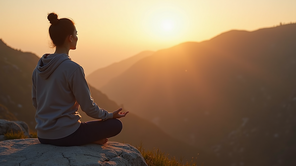 Close-up view of a person meditating outdoors on a rock