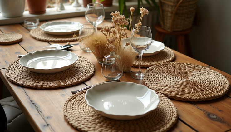High angle view of a rustic wooden table with natural fiber woven placemats and dried flowers