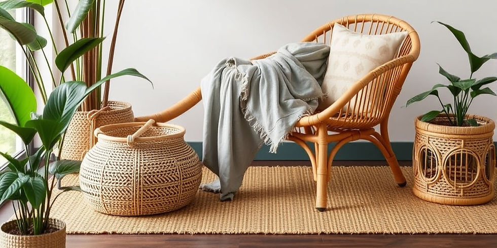 Rattan chair with beige cushion and gray blanket, surrounded by woven baskets and green plants on a textured rug in a cozy, bright room.