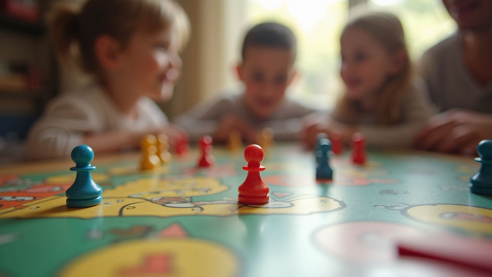 Close-up of a family board game on a table with colorful pieces