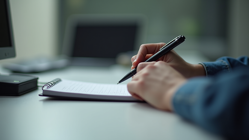 Close-up view of a visitation monitor’s hands holding a notebook and pen, ready to take notes