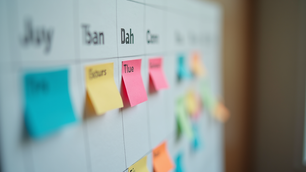 Close-up view of a family calendar with colorful notes and reminders