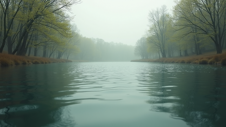 Eye-level view of a tranquil landscape with water and trees
