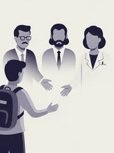 A student with a backpack reaches out to three professionals, two in suits and one in a lab coat, in a minimalist gray setting.