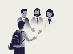A student with a backpack reaches out to three professionals, two in suits and one in a lab coat, in a minimalist gray setting.