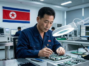 Technician in blue uniform repairs a circuit board under a magnifying lamp in a lab, with a North Korean flag in the background.