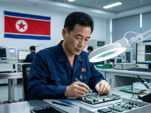 Technician in blue uniform repairs a circuit board under a magnifying lamp in a lab, with a North Korean flag in the background.