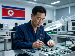 Technician in blue uniform repairs a circuit board under a magnifying lamp in a lab, with a North Korean flag in the background.