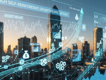 Futuristic cityscape with digital graphs and data overlays. Words "HIGH SELF-REINFORCED GROWTH EXPECTATIONS" and "ASSET VALUE" visible.