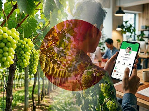 Man in office using a phone with LINE app, overlaid with grape vineyard and green grapes.