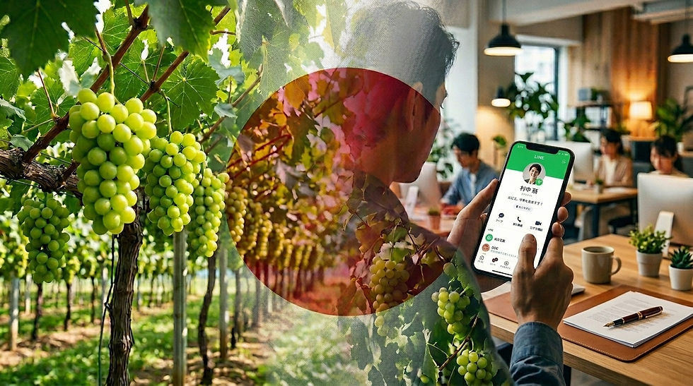 Man in office using a phone with LINE app, overlaid with grape vineyard and green grapes.