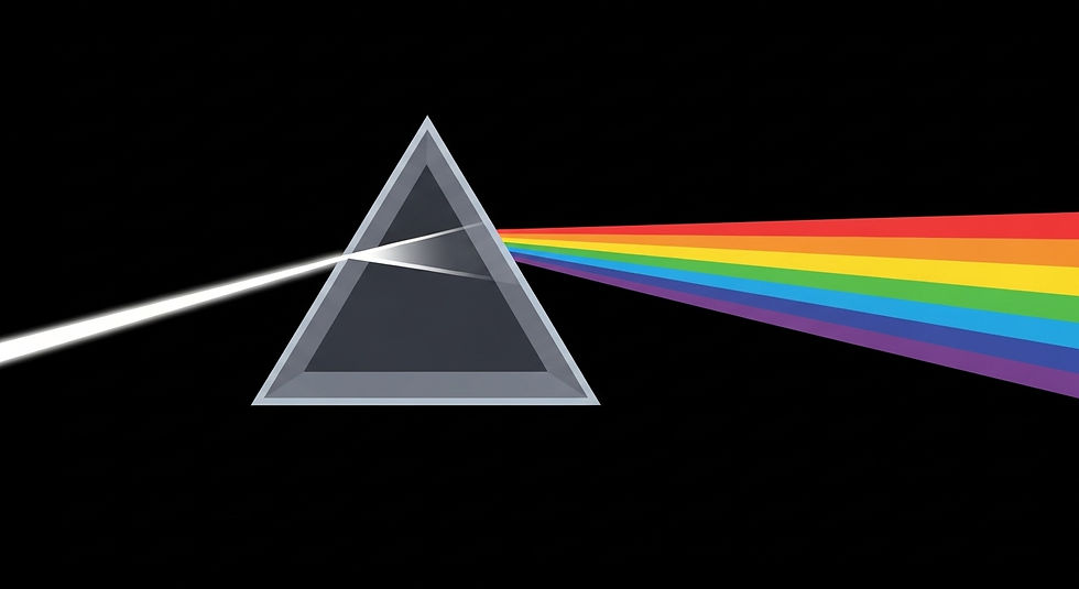A prism on a black background refracts white light into a rainbow spectrum, displaying vivid colors like red, orange, yellow, green, blue, and purple.