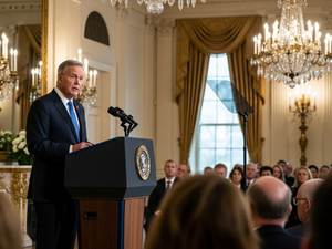 A man speaks at a podium with the presidential seal in an elegant room. Audience listens. U.S. flag, chandeliers, and gold curtains visible.
