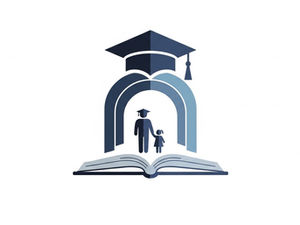 Silhouette of a graduate with child, standing on an open book, under a large graduation cap, symbolizing education and guidance.