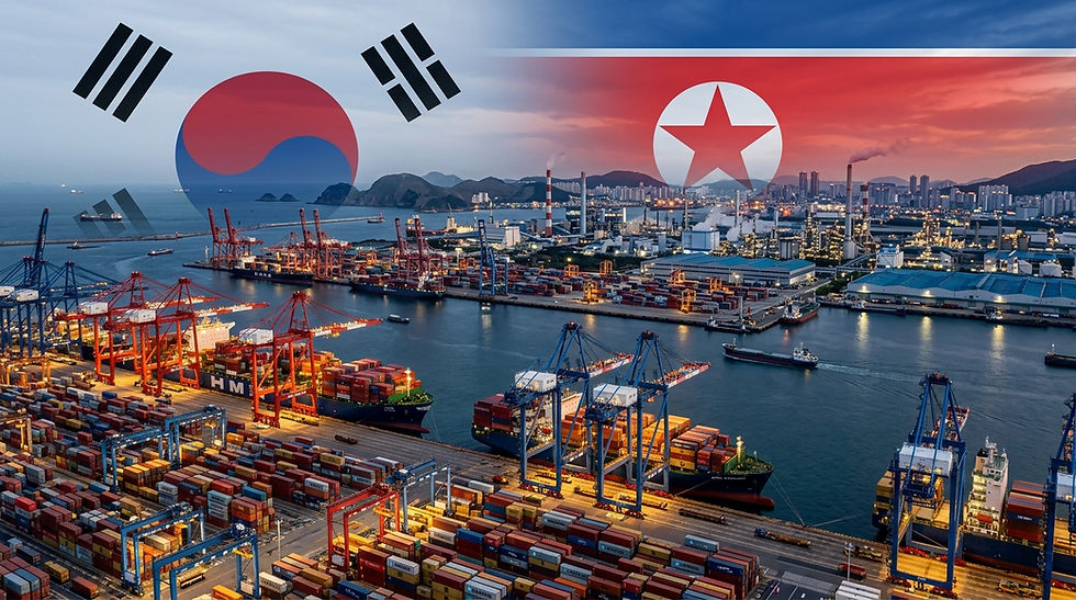 Container port at dusk with cranes, ships and stacked containers under South Korean and North Korean flags; HMM visible.