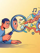 A person with a magnifying glass sees vibrant creative elements like music notes, palette, and books on a yellow background, symbolizing imagination.