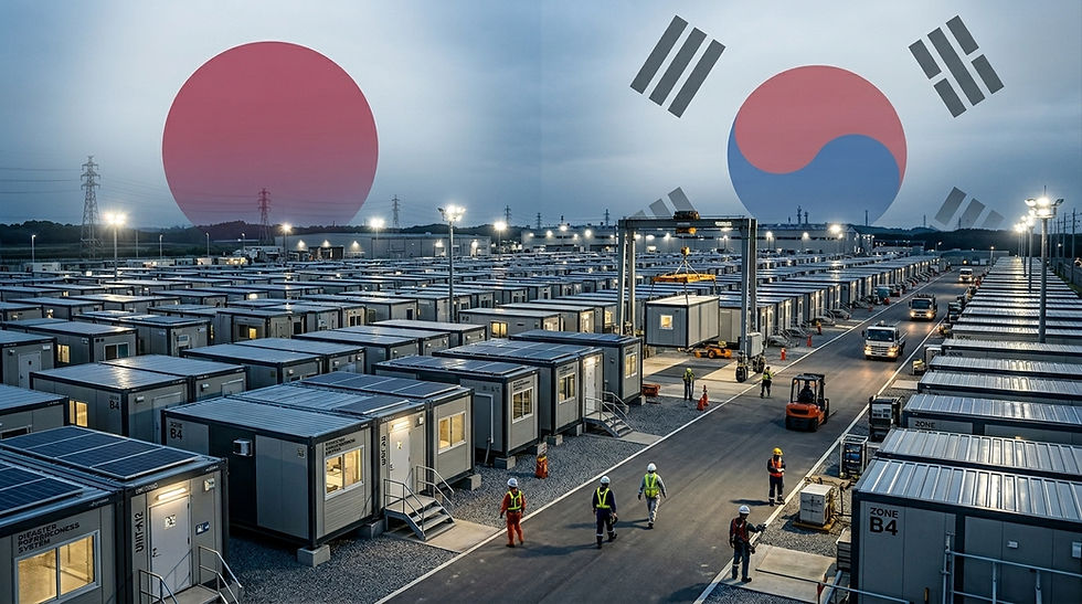 Modular housing camp at dusk with workers and vehicles, under giant South Korean flag symbols in a cloudy blue sky