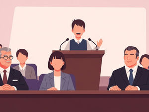 Young person speaks at a podium with a joyful expression. An audience and three seated professionals listen, set in a formal conference room.