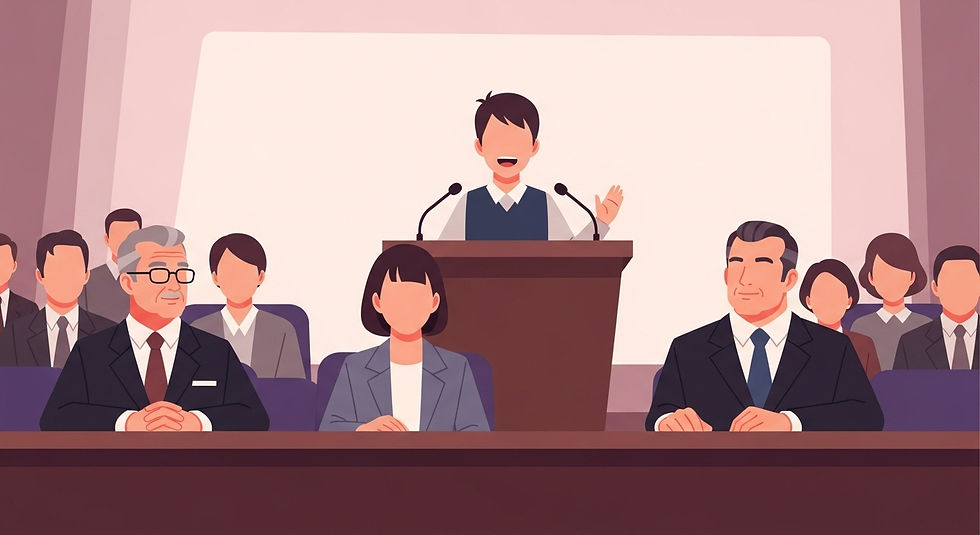 Young person speaks at a podium with a joyful expression. An audience and three seated professionals listen, set in a formal conference room.
