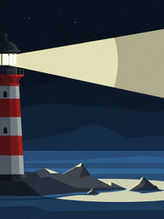 Red and white lighthouse shines a bright beam over dark ocean waters under a starry night sky, illuminating rocky surrounds.