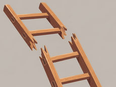 Two sections of a broken wooden ladder with jagged edges, floating against a plain gray background, suggest instability or danger.
