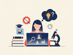 Woman studying on laptop with icons of a microscope, books, graduation cap, and light bulb. Science symbols on screen. Cream background.