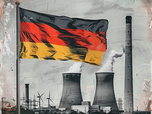 German flag waves before industrial smokestacks and wind turbines. The sky is gray, with a contrast of vibrant flag colors, suggesting industry.