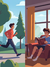 A composite image shows a hand holding coffee by a laptop, a person jogging on a path, a man reading indoors, and a woman brushing her teeth.