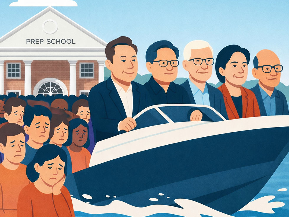 Businesspeople on a boat in front of a prep school, leaving behind a crowd of sad students. Blue and orange tones dominate.