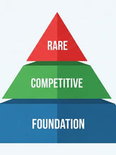 Three-tiered pyramid with sections labeled: "FOUNDATION" (blue), "COMPETITIVE" (green), "RARE" (red) on a white background.