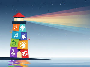 A colorful lighthouse emits a rainbow beam. Icons of music notes and paint splashes decorate it. Starry sky and calm sea create a serene mood.