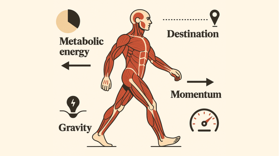 Illustration of a muscular human walking, labeled with terms: Metabolic energy, Gravity, Destination, Momentum. Beige background, schematic style.