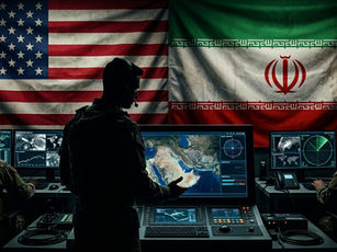 Silhouetted soldiers in a dark command center watch maps and radar screens beneath U.S. and Iranian flags.