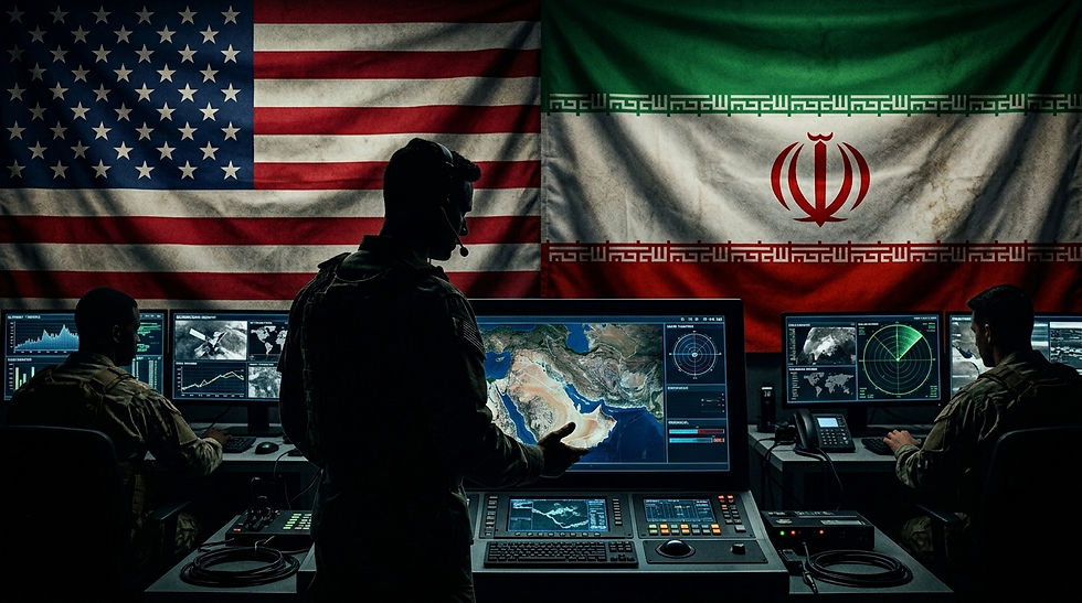 Silhouetted soldiers in a dark command center watch maps and radar screens beneath U.S. and Iranian flags.