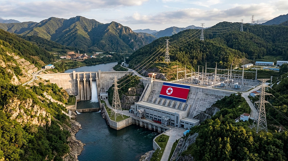 North Korean hydroelectric dam in a lush mountain valley, with power lines, water spillway, and a large DPRK flag on the wall.