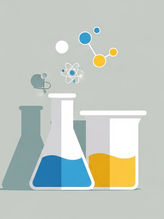 Laboratory flasks with blue and yellow liquids on a gray background. Atomic and molecule symbols float above, indicating a science theme.