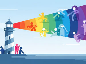 A lighthouse shines a rainbow beam with abstract human figures in different colors. Three people stand nearby. The background is a clear sky.