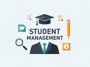 Graduation cap, magnifying glass, pencil, documents, and dollar symbol surround "Student Management" text; educational theme.