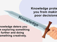 A hand holds a sword labeled "Knowledge" against pastel backgrounds. Text contrasts knowledge's protective and limiting effects.