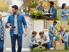 People volunteering: walking, gardening, recycling, and sorting donations in casual attire. Sunny outdoor settings with cheerful interactions.