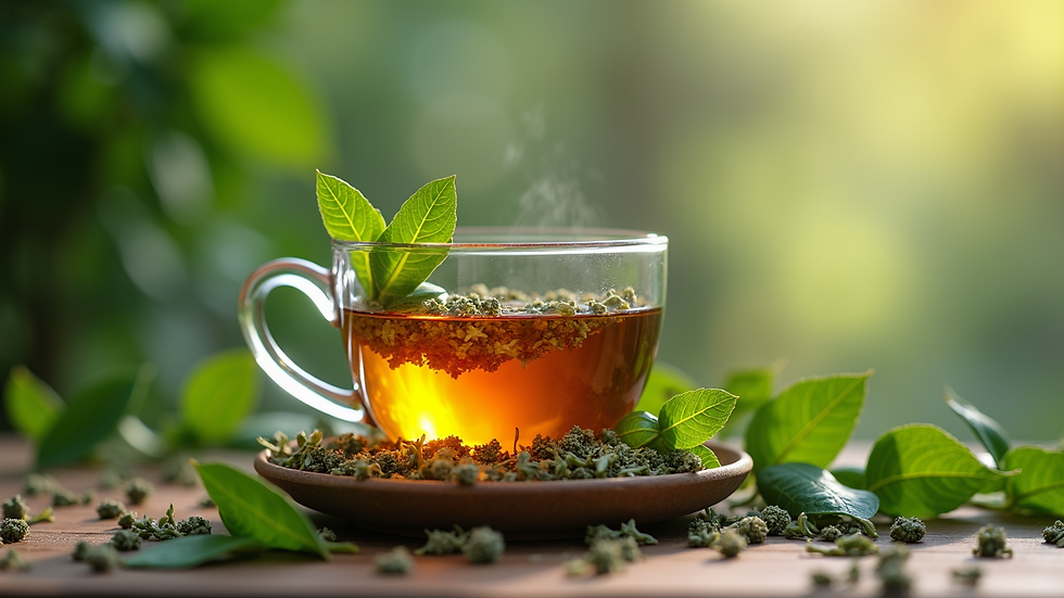 Close-up view of a healing herbal tea setup with fresh leaves