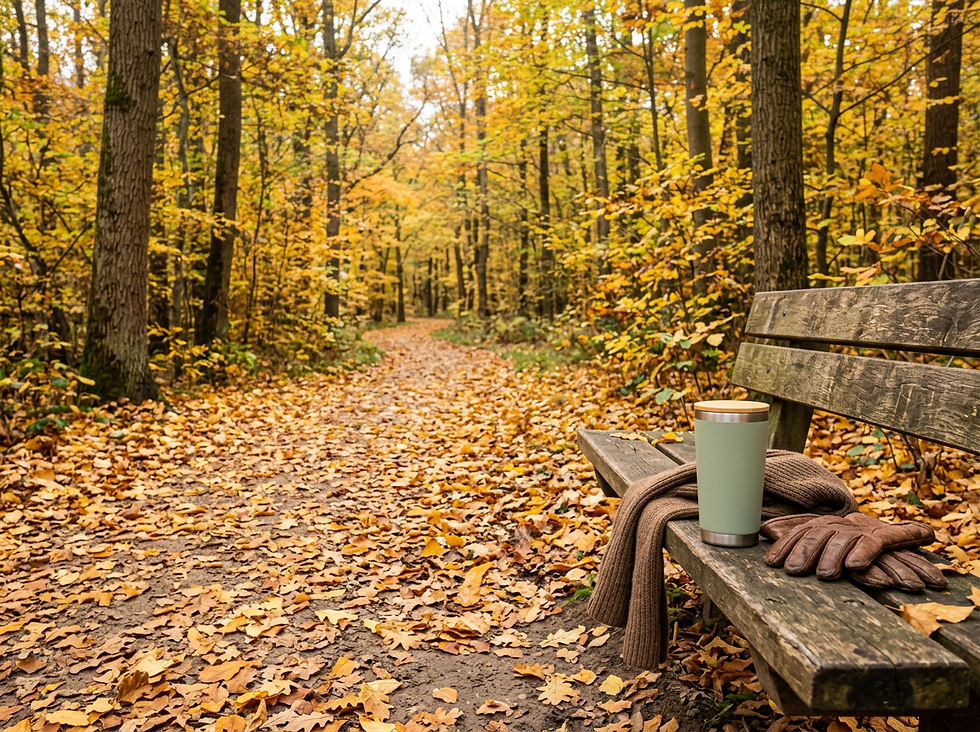 Autumn walking path with colorful fall leaves and a park bench, representing a seasonal wellness reset
