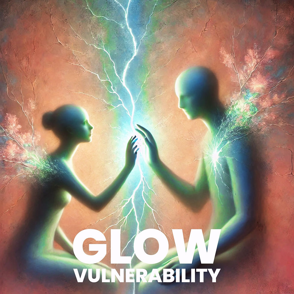 "Glow Vulnerability card from the Flow Glow Mojo Dojo Wellness Card Set, featuring two figures connecting through light."