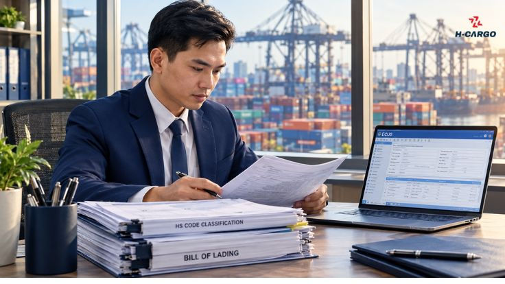 Chuyên viên H-Cargo kiểm tra chứng từ XNK và khai báo hải quan trên phần mềm ECUS