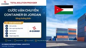 Cước vận chuyển container đi Jordan bằng đường biển - banner H-Cargo với cờ Jordan và bãi container xếp tầng tại cảng