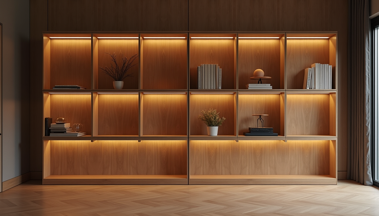 Vista a nivel de estantería empotrada de madera con iluminación integrada