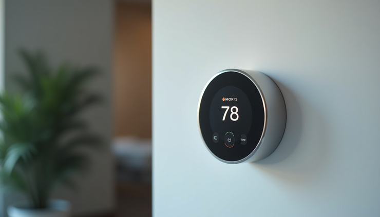 Vista a nivel de suelo de termostato digital moderno instalado en pared