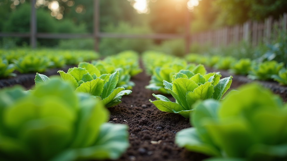 Eye-level view of a raised garden bed filled with leafy green vegetables