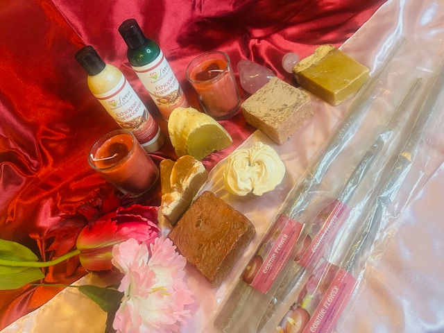 Lotion, incense, soaps, and candles.